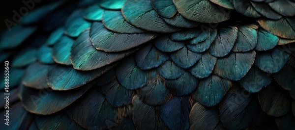 Fototapeta Close-up of deep teal-colored feathers, densely packed and overlapping