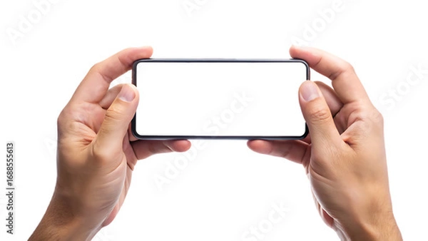 Fototapeta Two Hands Holding a Smartphone Horizontally with Blank White Screen Isolated on Transparent Background