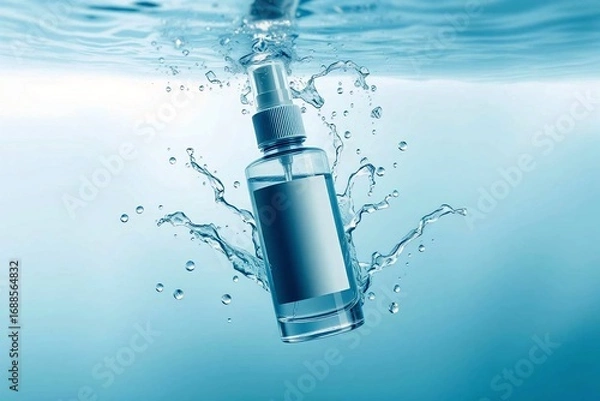 Fototapeta Premium 50ml transparent cosmetic spray bottle submerged in clear water, highlighting purity and freshness in a clean commercial style.
