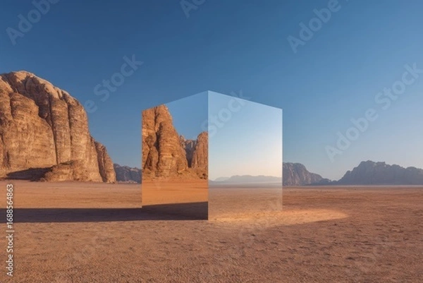 Fototapeta Reflective cube in desert landscape (2)