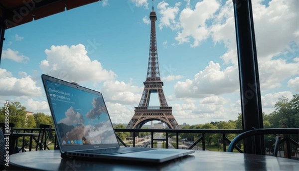 Obraz Eiffel Tower view with open laptop on café table.