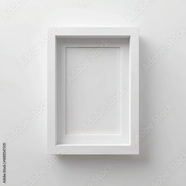Fototapeta A minimalist, rectangular white picture frame with a double border, mounted on a plain white wall