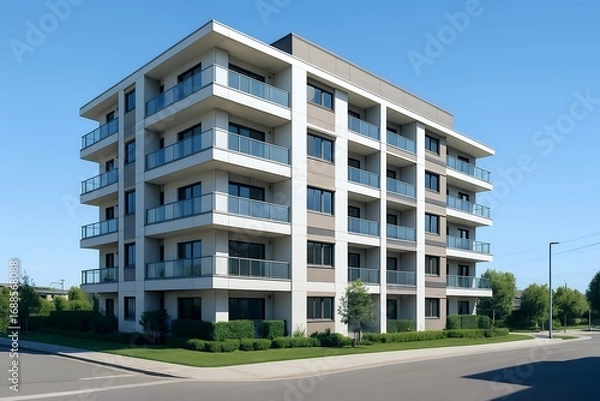 Fototapeta 青空に映える現代的デザインの低層マンション外観