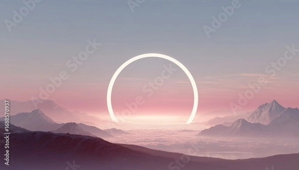 Fototapeta Surreal pink and blue circular portal glowing in the sky above mountains, giant white circle with god rays, cinematic symmetrical matte painting style, foggy sunset landscape with dreamy atmosphere