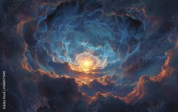 Fototapeta Celestial clouds swirl around a luminous center,  starlight sprinkles the depths