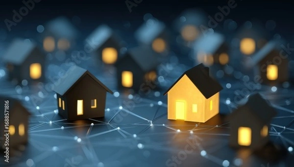 Fototapeta Miniature houses, lit from within, interconnected by a network of lines