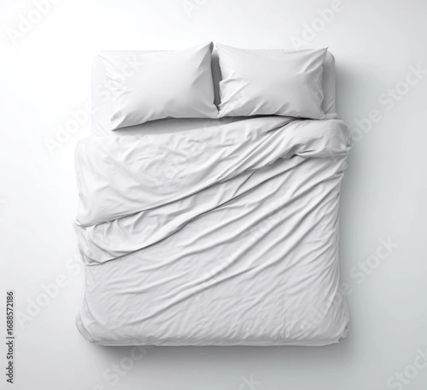 Obraz Top-down view of a pristine white bed with two pillows, and a rumpled duvet cover, isolated against a clean, bright white background