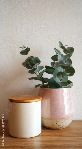 Obraz A pink vase holding eucalyptus next to a white jar sits on a wooden table against a white wall. Minimalistic, clean