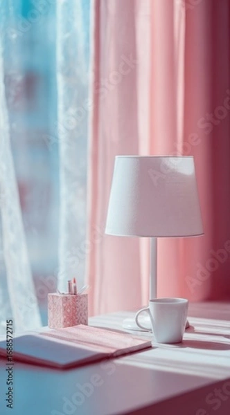 Obraz Softly lit workspace featuring a white lamp, mug, notebook, and makeup, bathed in pink tones against a backdrop of sheer and pink curtains
