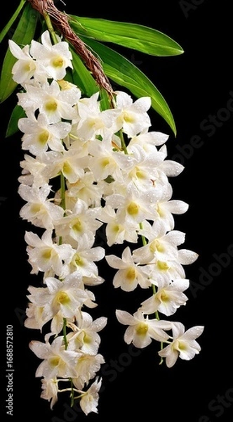 Obraz Cascading white blooms hang from a curved branch, against a dark backdrop, with vibrant green leaves extending from the stem