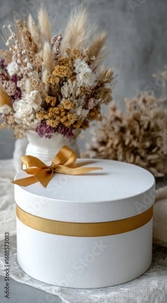 Obraz A white, round box tied with a gold ribbon sits atop lace fabric, with a vase of dried flowers in the background