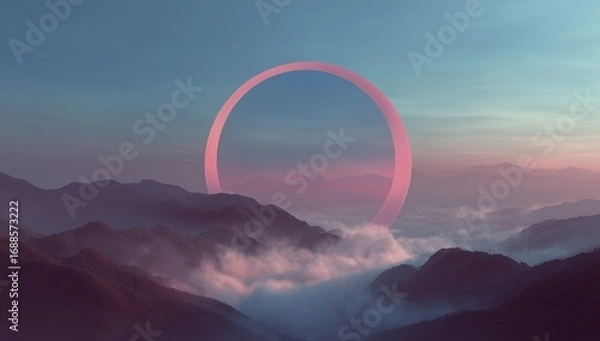 Obraz Surreal pink and blue circular portal glowing in the sky above mountains, giant white circle with god rays, cinematic symmetrical matte painting style, foggy sunset landscape with dreamy atmosphere