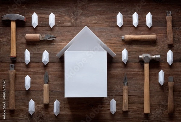 Obraz Craft tools frame a white, minimalist house shape against a weathered wood background, evoking a sense of building and home improvement
