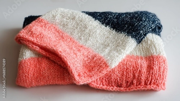 Obraz A soft, hand-knitted blanket with stripes in coral, white, and navy blue, folded neatly on a bright surface, showcasing its cozy texture and vibrant colors