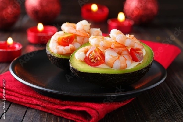 Obraz Shrimp Avocado Appetizers with Red Accents and Candles