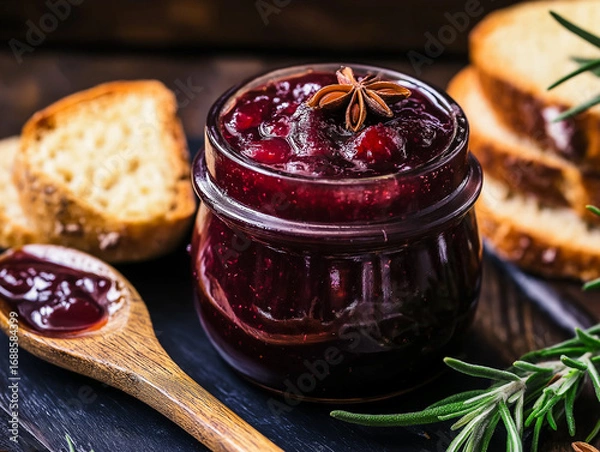 Fototapeta A rustic jar of deep red spiced plum chutney with star anise. The chutney is presented with slices of bread, wooden spoon and fresh rosemary.