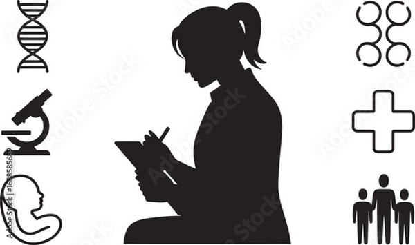 Fototapeta Silhouette of a Female Scientist Taking Notes with Medical Icons on Transparent Backdrop