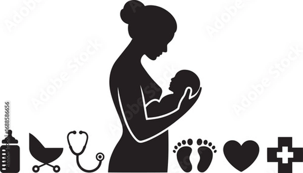 Fototapeta Silhouette of Mother Holding Baby with Healthcare Icons on Transparent Background Vector