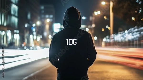 Fototapeta A man wearing a hoodie with the number 10 on it stands on a street at night. The image has a moody and mysterious feel to it, as the man is alone and the street is dark