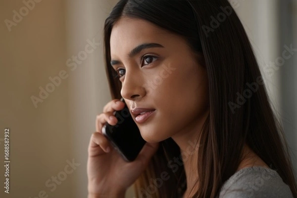 Obraz Young Woman Talking on Phone with Concerned Expression