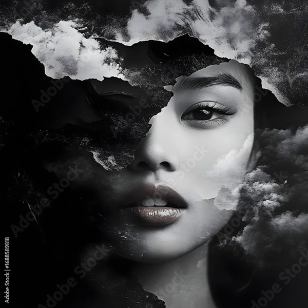 Fototapeta Artistic Double Exposure Portrait of a Woman's Face and Stormy Clouds in Monochrome