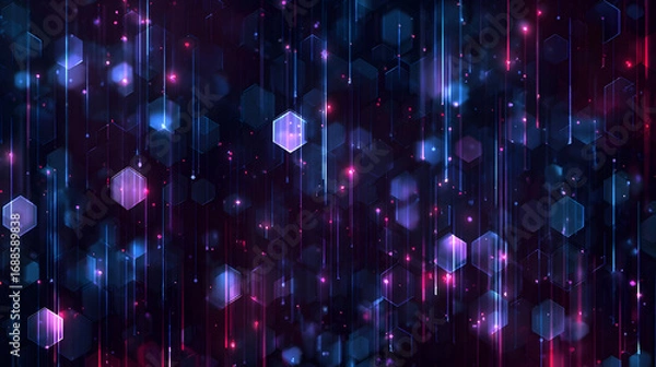 Fototapeta Futuristic Digital Background with Glowing Purple and Blue Hexagonal Particles