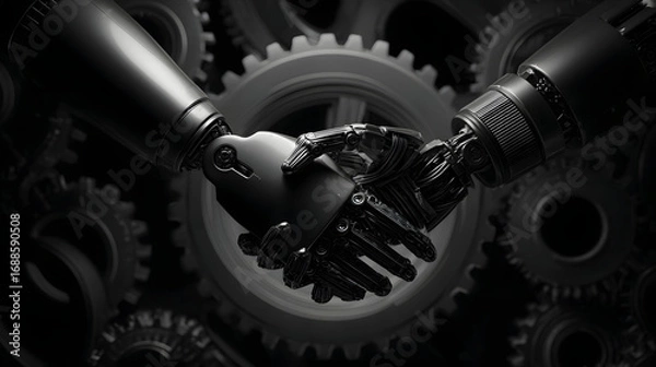 Fototapeta Monochrome Image of Robotic Hands Interacting with a Complex System of Metal Gears
