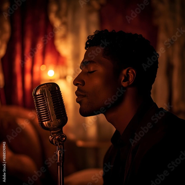 Fototapeta Soulful Musician Singing Passionately into a Vintage Microphone in a Dimly Lit Jazz Club