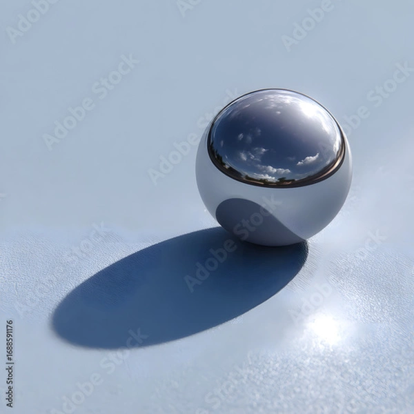 Fototapeta Sleek and Modern Chrome Sphere Reflecting Light on a Blue Surface - Minimalist 3D Art