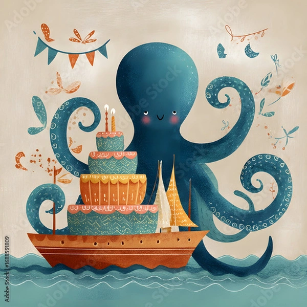 Fototapeta Whimsical Illustration of a Cute Octopus Celebrating a Birthday on a Cake Ship