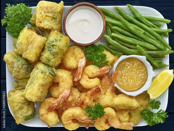 Fototapeta Platter of Assorted Fried Appetizers with Shrimp, Spring Rolls, and Dipping Sauces