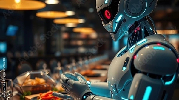 Fototapeta Robot waiter serves futuristic restaurant.