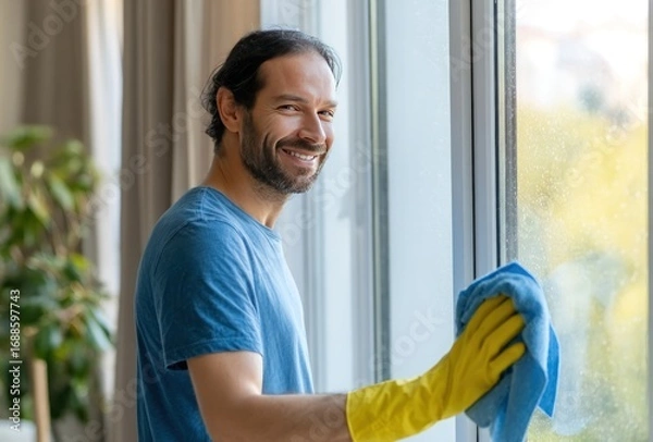 Obraz Smiling man in blue shirt washes a window with a blue cloth and yellow gloves, looks at the camera. Plant and blurry buildings in background