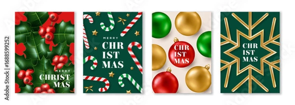 Fototapeta Merry Christmas 2026 Happy New Year poster set. Red gold 3d Xmas bauble, holly berry branch, snowflake frame, candy cane pattern. Vector illustration. Winter sale holiday decor. Place for text