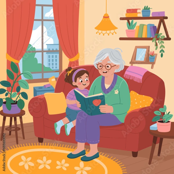Fototapeta Grandmother Reading a Storybook to Granddaughter Illstration