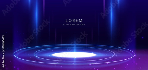 Fototapeta Stage neon circle glowing on blue background with lighting effect. Technology futuristics for product show concept.