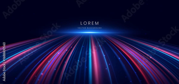 Fototapeta Abstract futuristic glowing neon multi color lines. Hi speed motion moving concept on dark blue background.