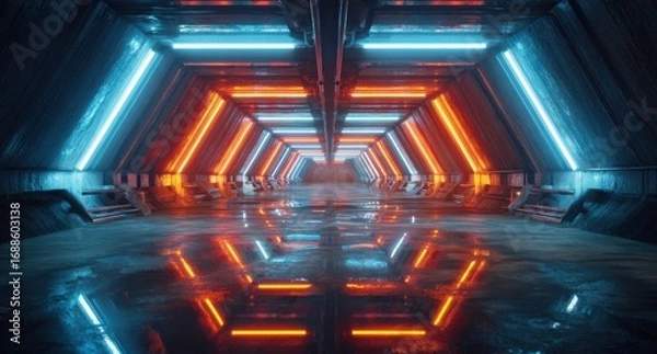 Fototapeta Futuristic tunnel bathed in vibrant neon lights