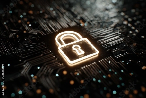 Fototapeta Glowing padlock icon on a circuit board