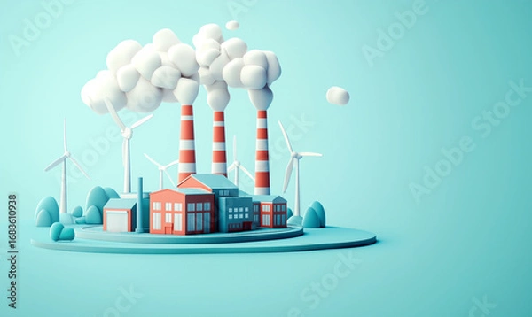 Fototapeta Stylized 3D illustration of a factory with striped smokestacks emitting clouds beside wind turbines, contrasting pollution and renewable energy on a minimal pastel blue background.