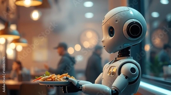 Fototapeta Robot waiter serving food cafe.