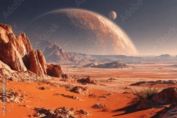 Fototapeta Alien desert landscape, a large red planet and moon in the distance