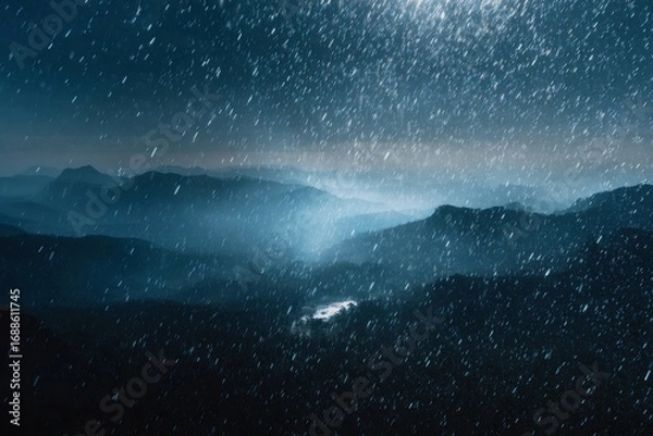 Fototapeta Night rain falls on misty mountains, starlit sky