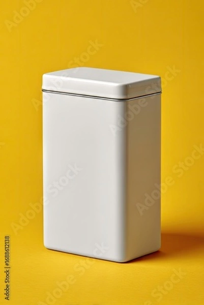 Obraz A plain white rectangular metal tin sits on a vibrant yellow background, subtly shadowed, suggesting a clean, minimalist design