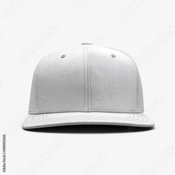 Fototapeta A plain white, structured, six-panel snapback hat with a flat brim, shown front-on against a white background