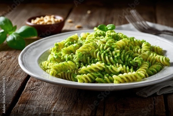 Obraz A plate of rotini pasta coated in vibrant green pesto sauce sits on a rustic wooden table, alongside a small bowl of pine nuts and fresh basil leaves