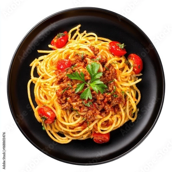 Obraz A plate of spaghetti bolognese, garnished with cherry tomatoes and parsley, rests on a dark plate against a white background