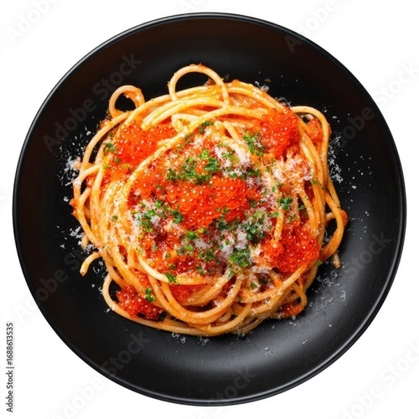 Fototapeta A plate of spaghetti in a rich tomato sauce, topped with vibrant orange roe, freshly grated cheese, and chopped herbs