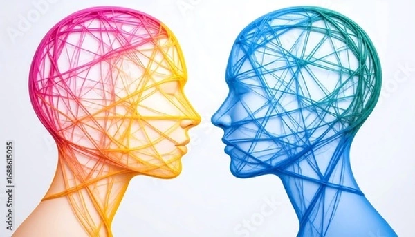 Fototapeta Two profile faces, heads wrapped in colorful threads, facing each other