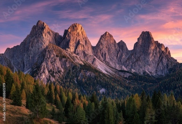 Fototapeta Mountain peaks bathed in vibrant sunset hues.  Forests of conifers and deciduous trees at base